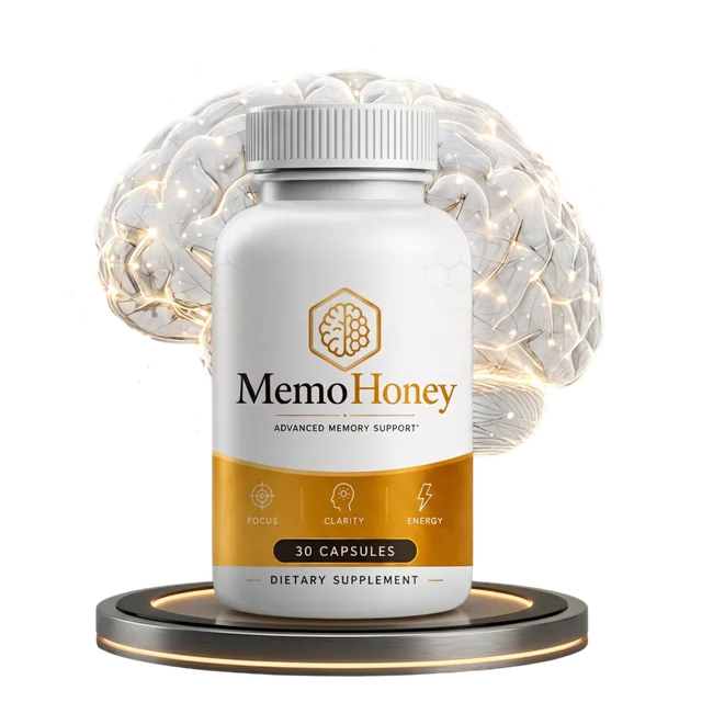 MemoHoney Advanced Memory Support bottle with 30 capsules — focus, clarity and energy goals on the label