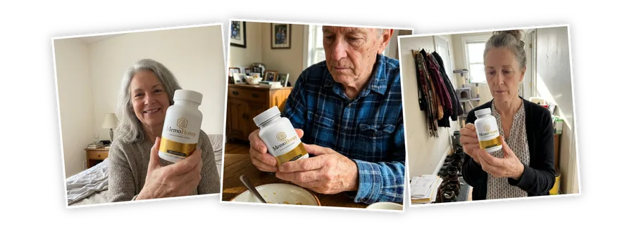 Three customers at home holding their MemoHoney memory support bottles